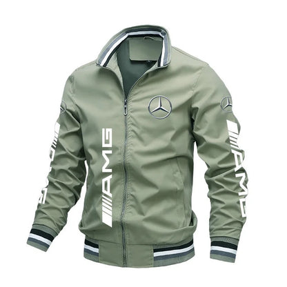 Spring and Autumn Jacket High-Quality Men's Stand Collar Sports Jacket Motorcycle Pilot Print Mercedes-Benz Workwear Motorcycle