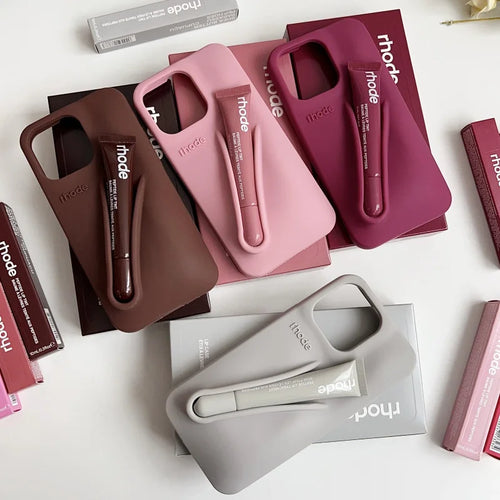 With Box Lipstick Rhode Phone Case for iPhone 16 15 14 13 12 11 Pro Max Plus 16E Makeup Lip Gloss Holder Silicone Back Cover