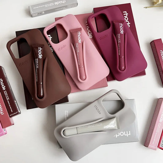 With Box Lipstick Rhode Phone Case for iPhone 16 15 14 13 12 11 Pro Max Plus 16E Makeup Lip Gloss Holder Silicone Back Cover