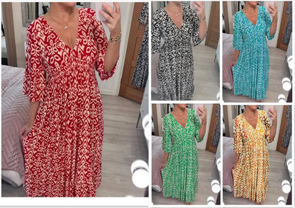 Sexy V Neck Half Sleeve Butterfly Floral Print Maxi Long Dress Summer Female Tunic Elastic Waist Loose Holiday Party Dresses