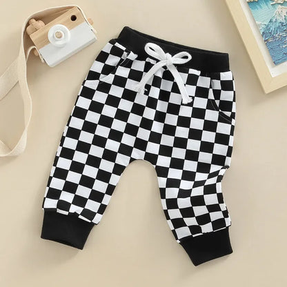 Toddler Casual Pants Baby Girl Boy Clothes Spring Autumn Fashion Checkerboard Printed Tie-up Mid-waist Trousers with Pockets
