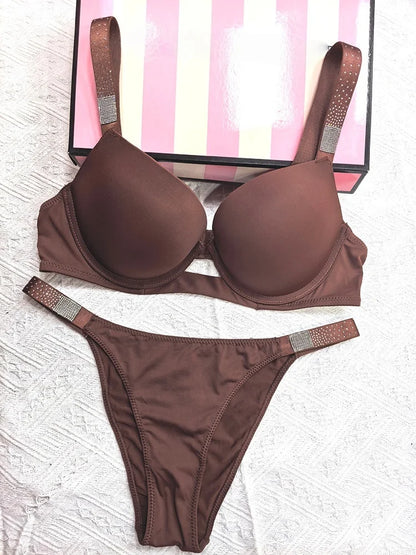 Rhinestone Sexy Women Bra Set Bralette Girls Underwear Brassiere Fashion Thong Gather Bras Lingerie Panty Sets