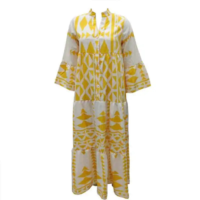 Women Print Long Sleeve Dress V-neck Long Sleeve High Waist Single Breasted Long Skirt New Holiday Loose Casual Women's Clothes