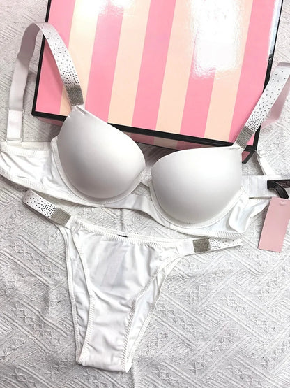 Rhinestone Sexy Women Bra Set Bralette Girls Underwear Brassiere Fashion Thong Gather Bras Lingerie Panty Sets