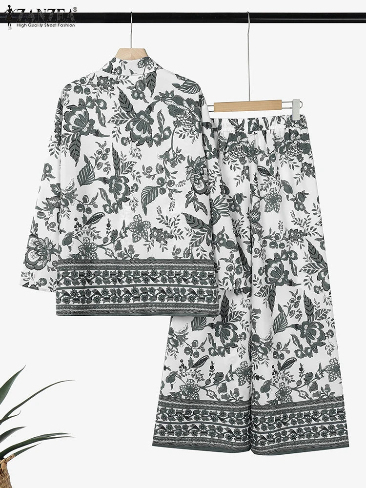 ZANZEA Vintage Women Two-piece Outfits 2025 Fashion Pant Sets Casual Loose Long Sleeve Shirts Elastic Waist Pants Autumn 2PCS
