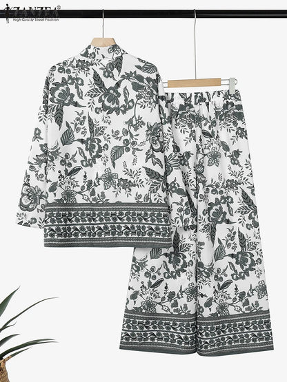 ZANZEA Vintage Women Two-piece Outfits 2025 Fashion Pant Sets Casual Loose Long Sleeve Shirts Elastic Waist Pants Autumn 2PCS