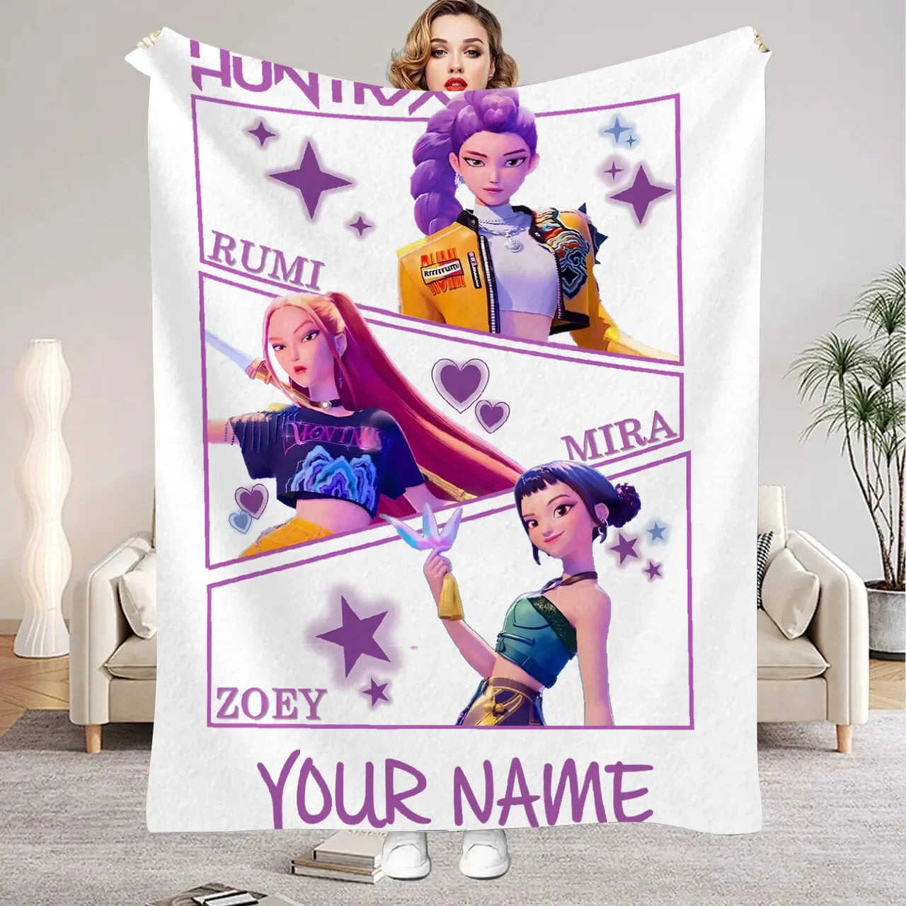 1PC Custom Name K-Pop Demon Hunters Blanket Girls Boys Plush Throw Blanket Novelty Warm Blanket All Season Gift