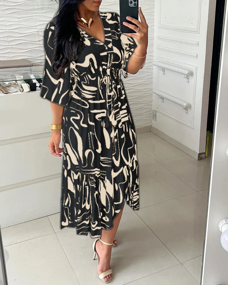 Boho Spring Summer Cotton Long Dress Printed Elegant Women Dresses Elastic Waist Vestidos Female Casual Half Sleeve A-line Dress