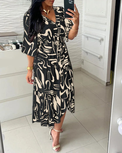 Boho Spring Summer Cotton Long Dress Printed Elegant Women Dresses Elastic Waist Vestidos Female Casual Half Sleeve A-line Dress