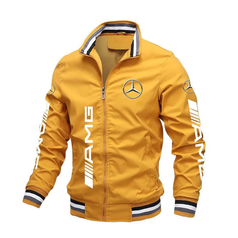 Spring and Autumn Jacket High-Quality Men's Stand Collar Sports Jacket Motorcycle Pilot Print Mercedes-Benz Workwear Motorcycle