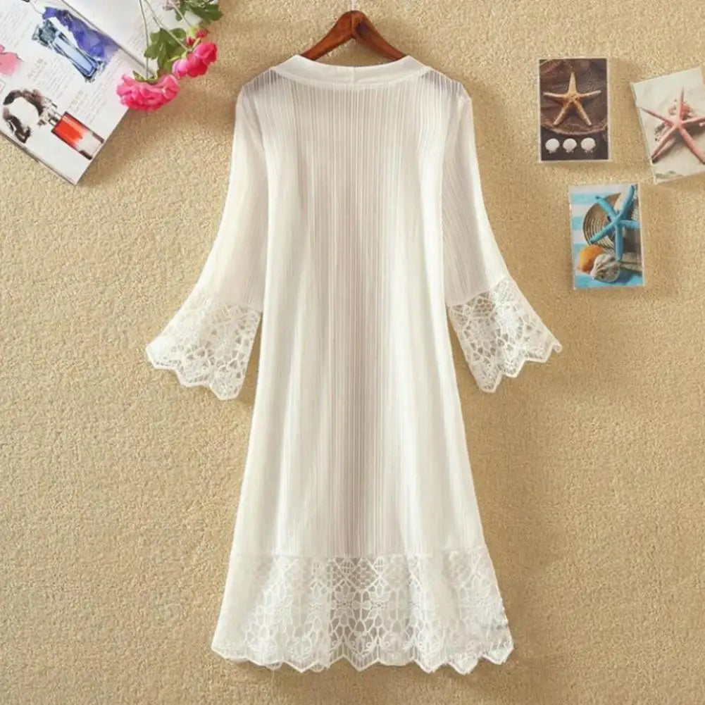 Summer Cardigan Mid Long See-through Lace Open Front Sheer Sun Protection Crochet Cardigan Beach Cover Up Streetwear