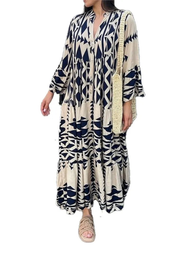 Women Print Long Sleeve Dress V-neck Long Sleeve High Waist Single Breasted Long Skirt New Holiday Loose Casual Women's Clothes