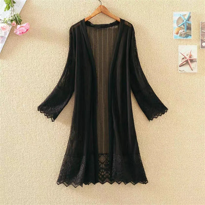 2025 New Fashion Spring Summer Women Lace Cardigan Blouses Sun Protection Clothings Lady Midi-long Beach Shirts Outwear WZ2455