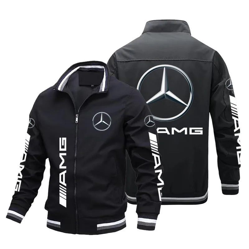 Spring and Autumn Jacket High-Quality Men's Stand Collar Sports Jacket Motorcycle Pilot Print Mercedes-Benz Workwear Motorcycle