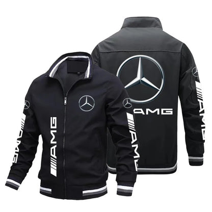 Spring and Autumn Jacket High-Quality Men's Stand Collar Sports Jacket Motorcycle Pilot Print Mercedes-Benz Workwear Motorcycle