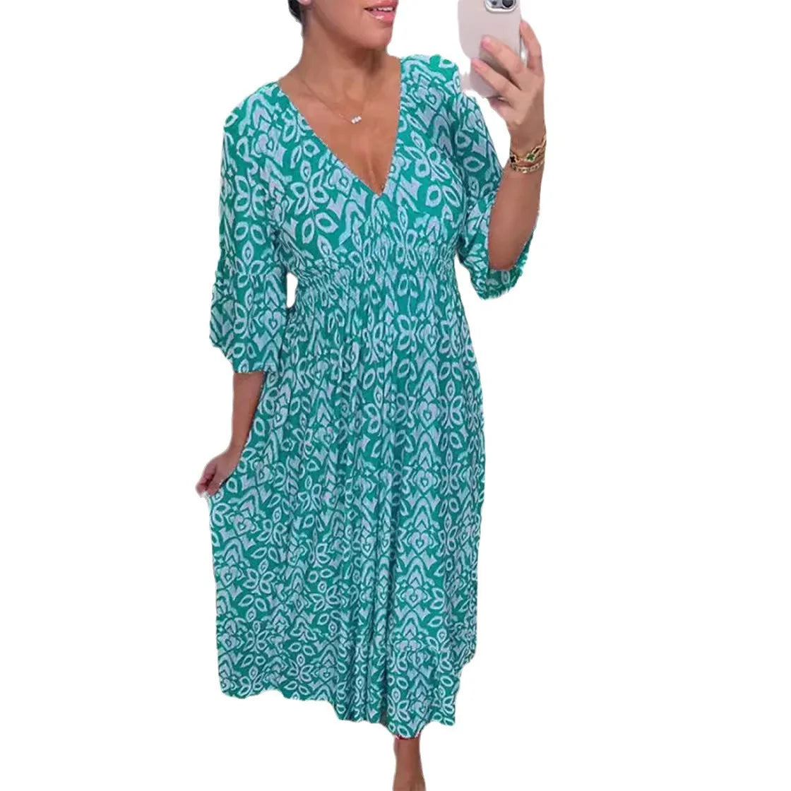 Sexy V Neck Half Sleeve Butterfly Floral Print Maxi Long Dress Summer Female Tunic Elastic Waist Loose Holiday Party Dresses