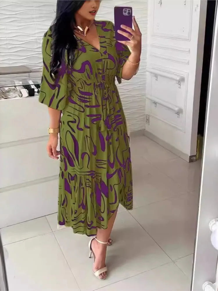 Boho Spring Summer Cotton Long Dress Printed Elegant Women Dresses Elastic Waist Vestidos Female Casual Half Sleeve A-line Dress