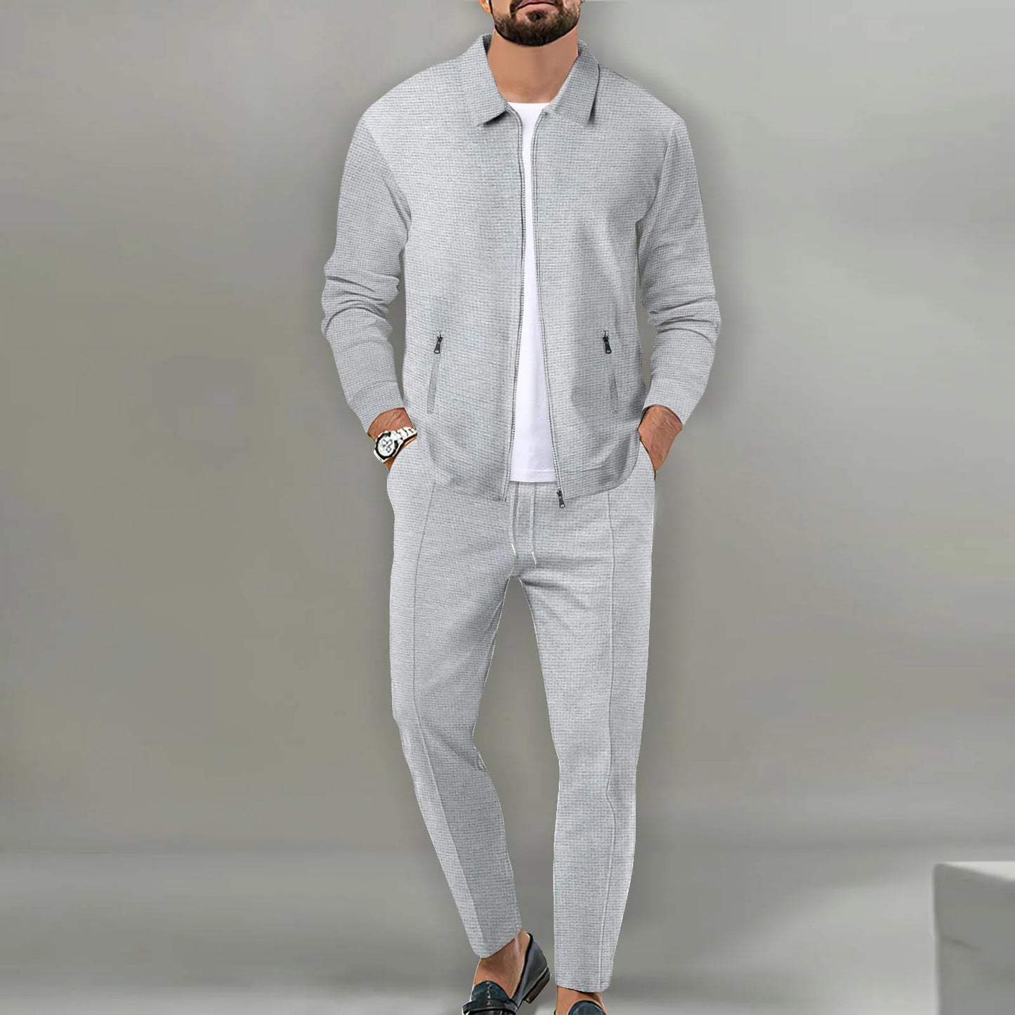 Autumnwinter men's casual blazer set new fashion Waffle baseball suit round neck pocket zipper long sleeve trousers two-piece se