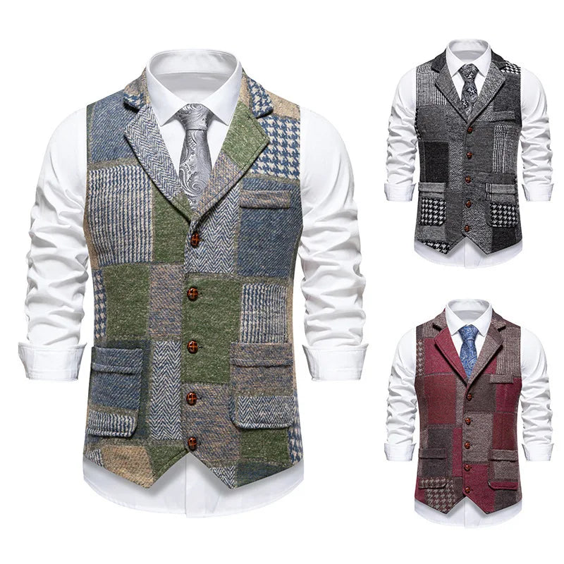 Men's Fashionable Retro Patchwork Collarless Plaid Vest Autumn Winter European Size Slim Fit Single Button Casual Youth Trend