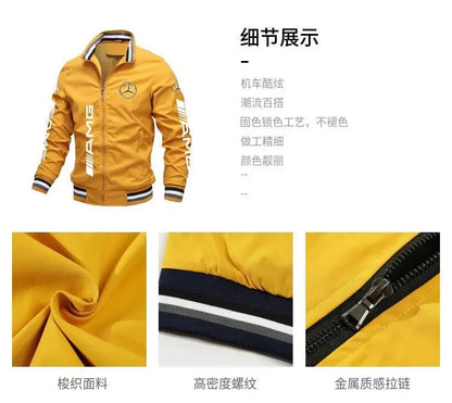 Spring and Autumn Jacket High-Quality Men's Stand Collar Sports Jacket Motorcycle Pilot Print Mercedes-Benz Workwear Motorcycle