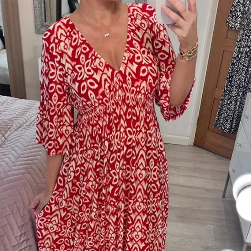 Sexy V Neck Half Sleeve Butterfly Floral Print Maxi Long Dress Summer Female Tunic Elastic Waist Loose Holiday Party Dresses
