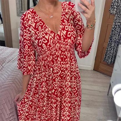 Sexy V Neck Half Sleeve Butterfly Floral Print Maxi Long Dress Summer Female Tunic Elastic Waist Loose Holiday Party Dresses