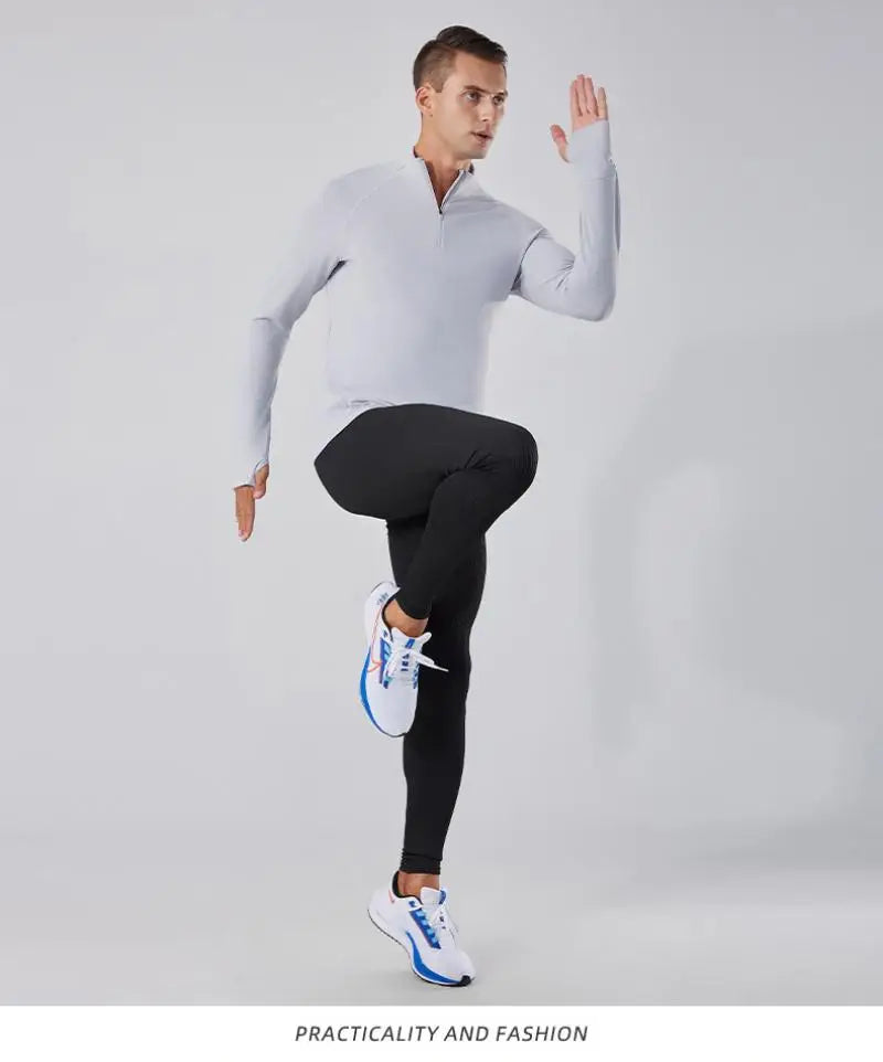 (S-2XL)Quick Dry Running T-shirt Men Zipper Stand Collar Sweatshirt Exercise Traning Fitness Tops Long Sleeve Sport Tee Shirt