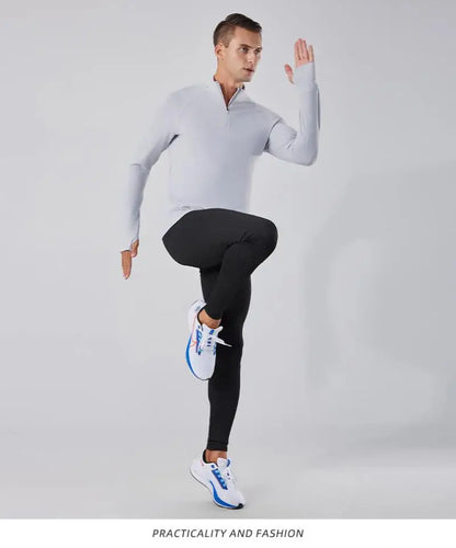 (S-2XL)Quick Dry Running T-shirt Men Zipper Stand Collar Sweatshirt Exercise Traning Fitness Tops Long Sleeve Sport Tee Shirt