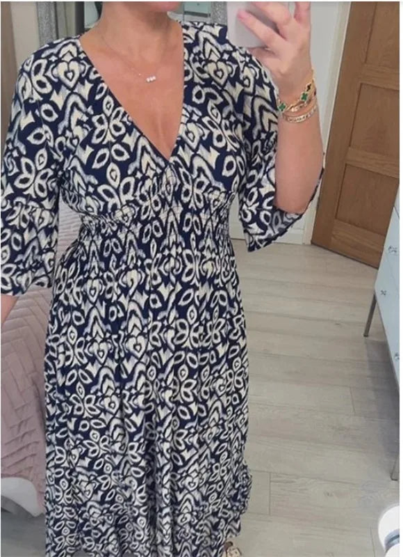 Sexy V Neck Half Sleeve Butterfly Floral Print Maxi Long Dress Summer Female Tunic Elastic Waist Loose Holiday Party Dresses