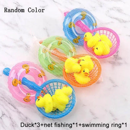 5Pcs/set Baby Bath Toy Kids Mini Floating Swimming Rings Rubber Yellow Ducks Fishing Net Washing Swimming Toddler Toys Water Fun