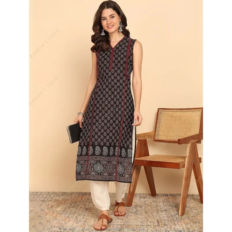 Indian Ethnic Style Women's Black Green Cotton Kurta Tunic Top Sleeveless Paisley Print Summer Wear Casual Kurti Dress