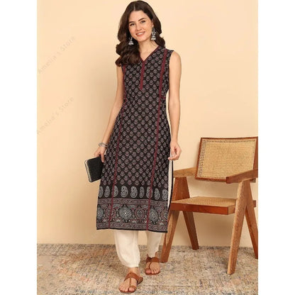 Indian Ethnic Style Women's Black Green Cotton Kurta Tunic Top Sleeveless Paisley Print Summer Wear Casual Kurti Dress