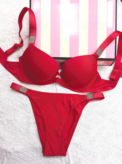 Rhinestone Sexy Women Bra Set Bralette Girls Underwear Brassiere Fashion Thong Gather Bras Lingerie Panty Sets