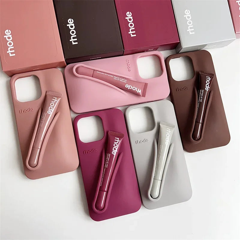 With Box Lipstick Rhode Phone Case for iPhone 16 15 14 13 12 11 Pro Max Plus 16E Makeup Lip Gloss Holder Silicone Back Cover