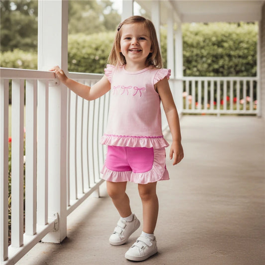 Toddler Kids Girls Clothing Sets Short Sleeve Bow Embroidery Tops Ruffle Trim Shorts Baby Clothes Children Kids Outfits