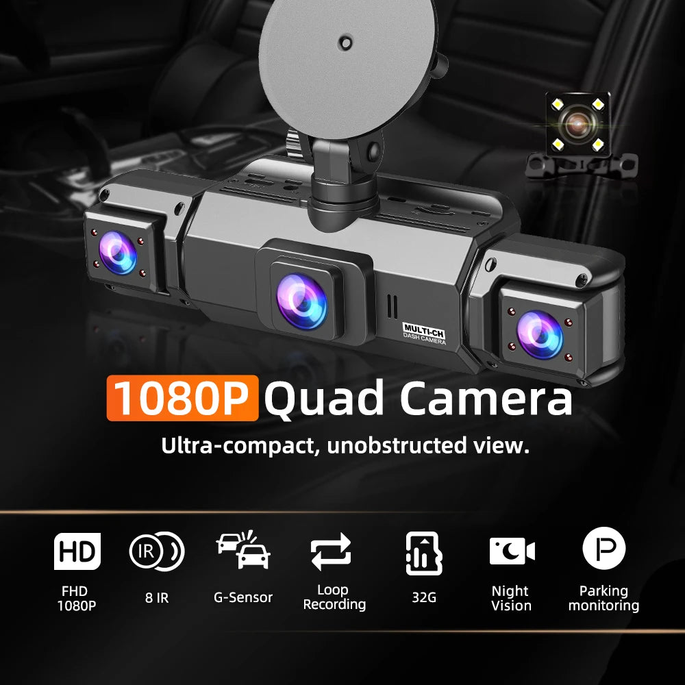 Dash Cam 4 Channel Driving Camera 1080P Front Left Right Rear Night Vision Loop Recording 24H Parking Monitor Auto parts