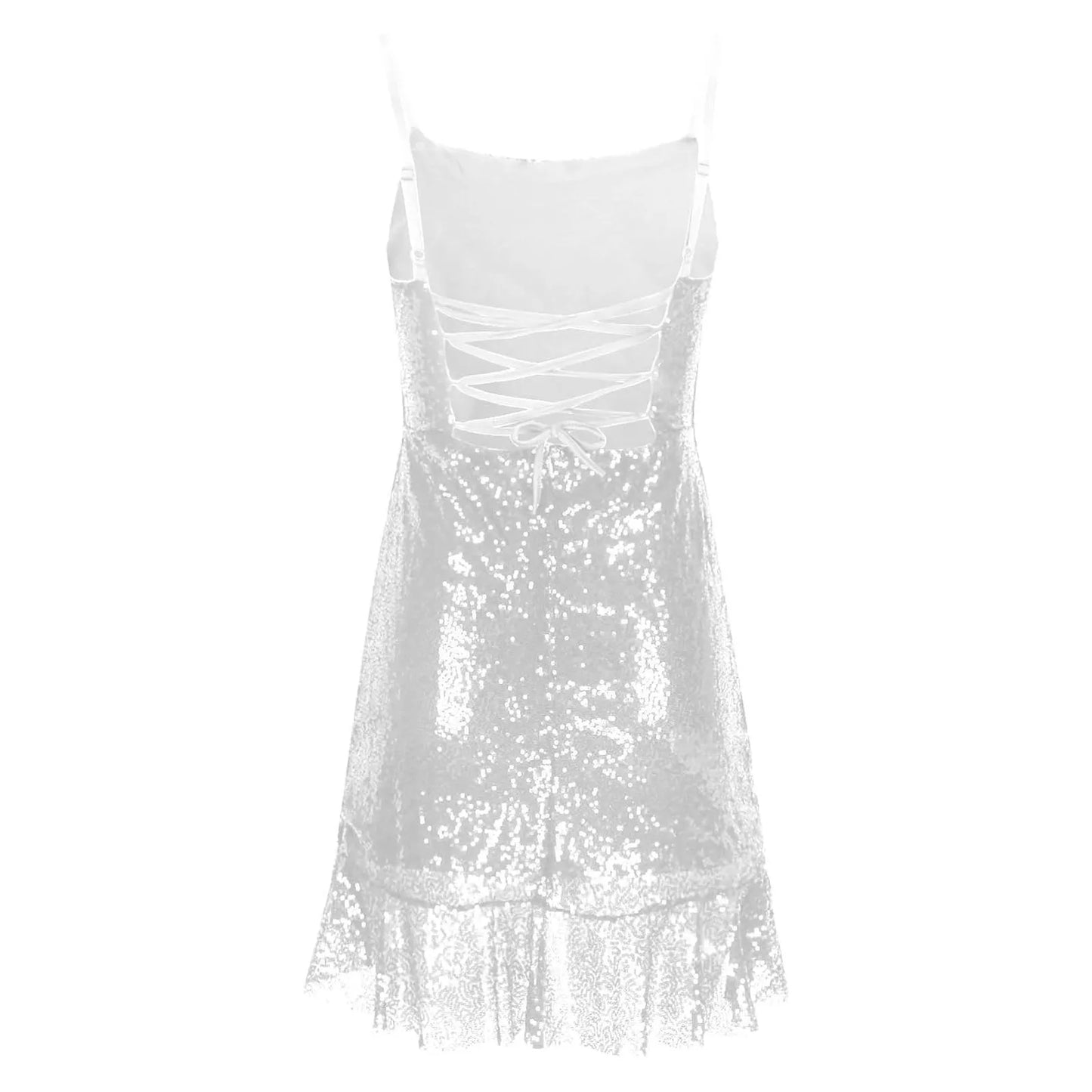 Sexy Slim Fitting Fashion Solid Color Sequin Back Cross Tie Ruffle Edge Sleeveless Suspender Irregular Hem Pleated Party Dress