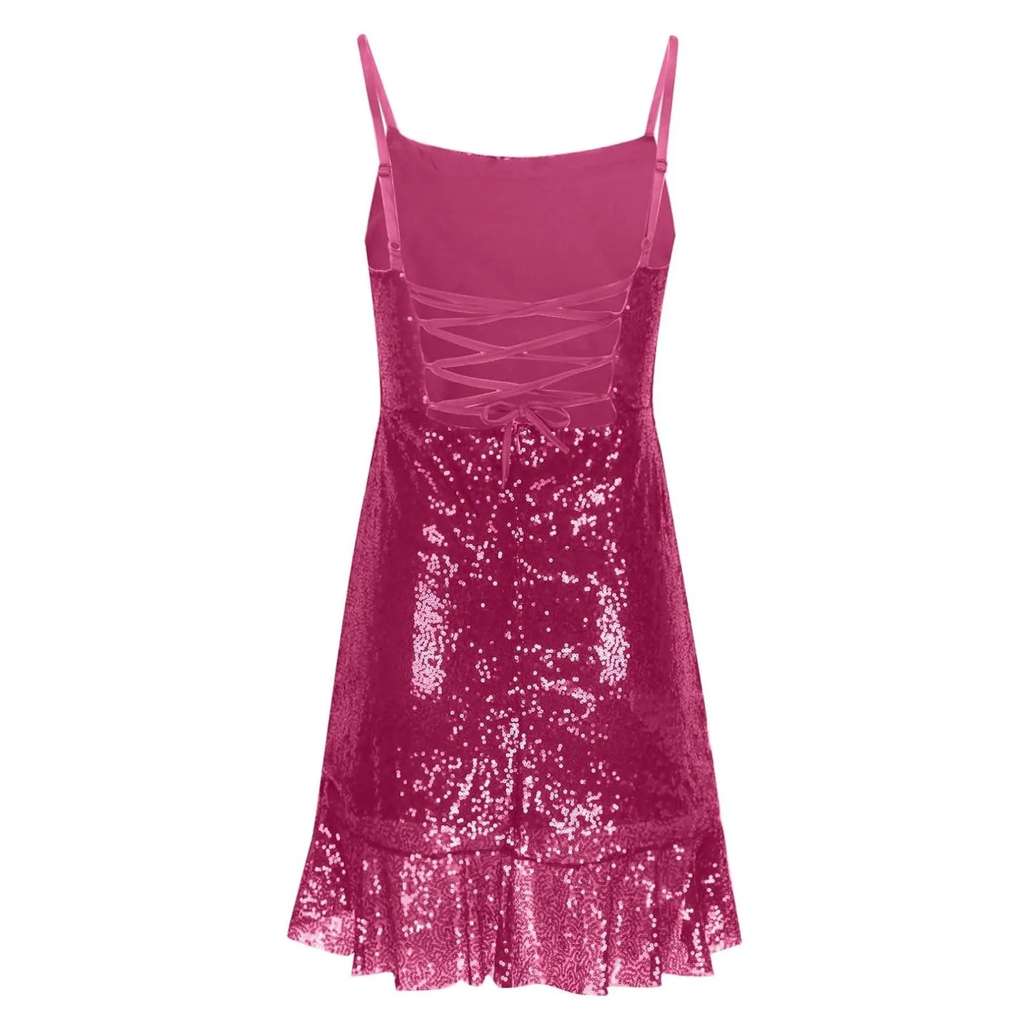 Sexy Slim Fitting Fashion Solid Color Sequin Back Cross Tie Ruffle Edge Sleeveless Suspender Irregular Hem Pleated Party Dress