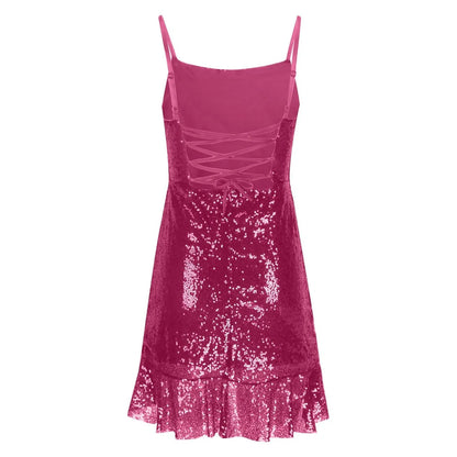 Sexy Slim Fitting Fashion Solid Color Sequin Back Cross Tie Ruffle Edge Sleeveless Suspender Irregular Hem Pleated Party Dress