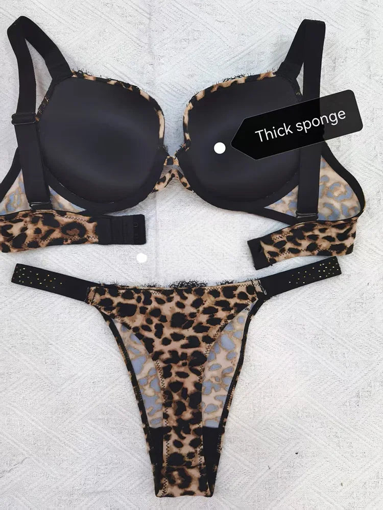 Rhinestone Sexy Women Bra Set Leopard Lace Bralette Girls Underwear Brassiere Fashion Thong Gather Bras Lingerie Panty Sets