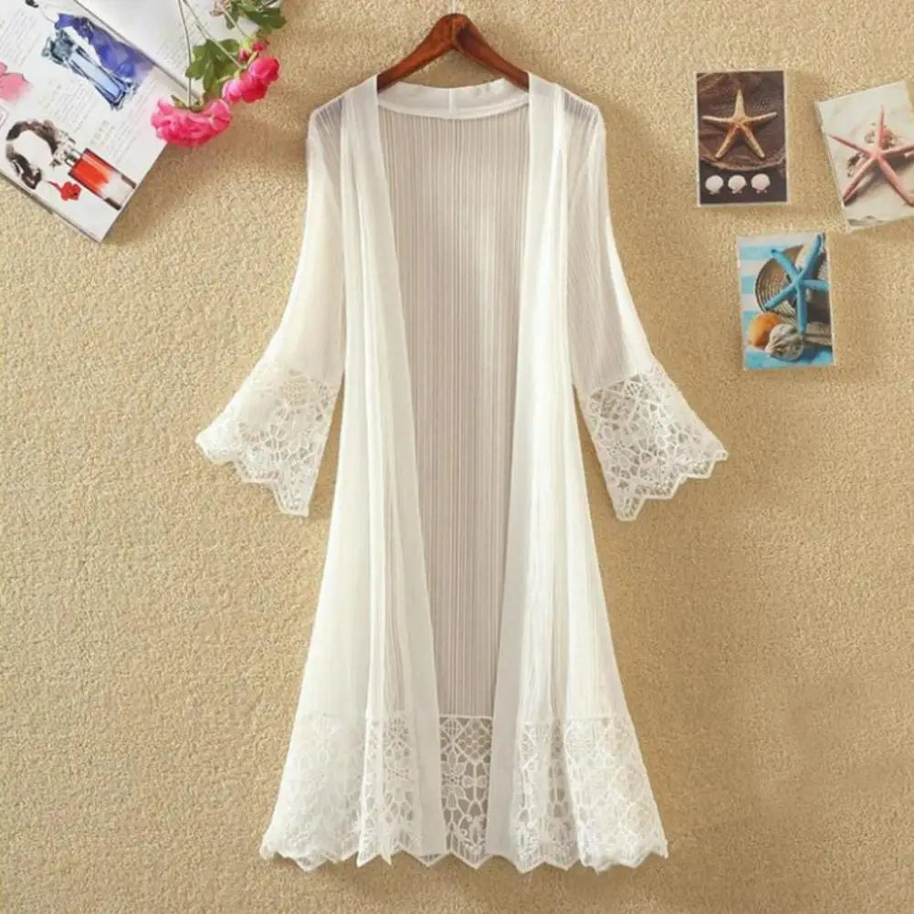 Summer Cardigan Mid Long See-through Lace Open Front Sheer Sun Protection Crochet Cardigan Beach Cover Up Streetwear