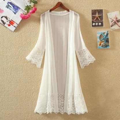 Summer Cardigan Mid Long See-through Lace Open Front Sheer Sun Protection Crochet Cardigan Beach Cover Up Streetwear
