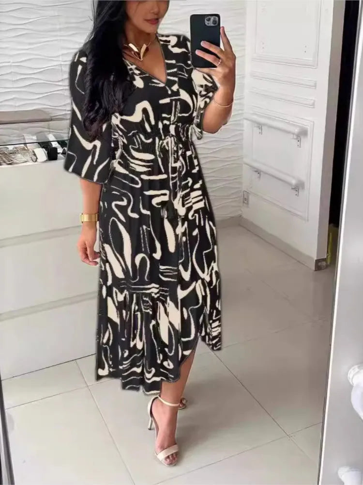 Boho Spring Summer Cotton Long Dress Printed Elegant Women Dresses Elastic Waist Vestidos Female Casual Half Sleeve A-line Dress