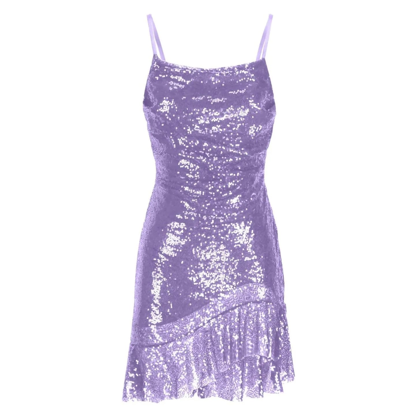 Sexy Slim Fitting Fashion Solid Color Sequin Back Cross Tie Ruffle Edge Sleeveless Suspender Irregular Hem Pleated Party Dress