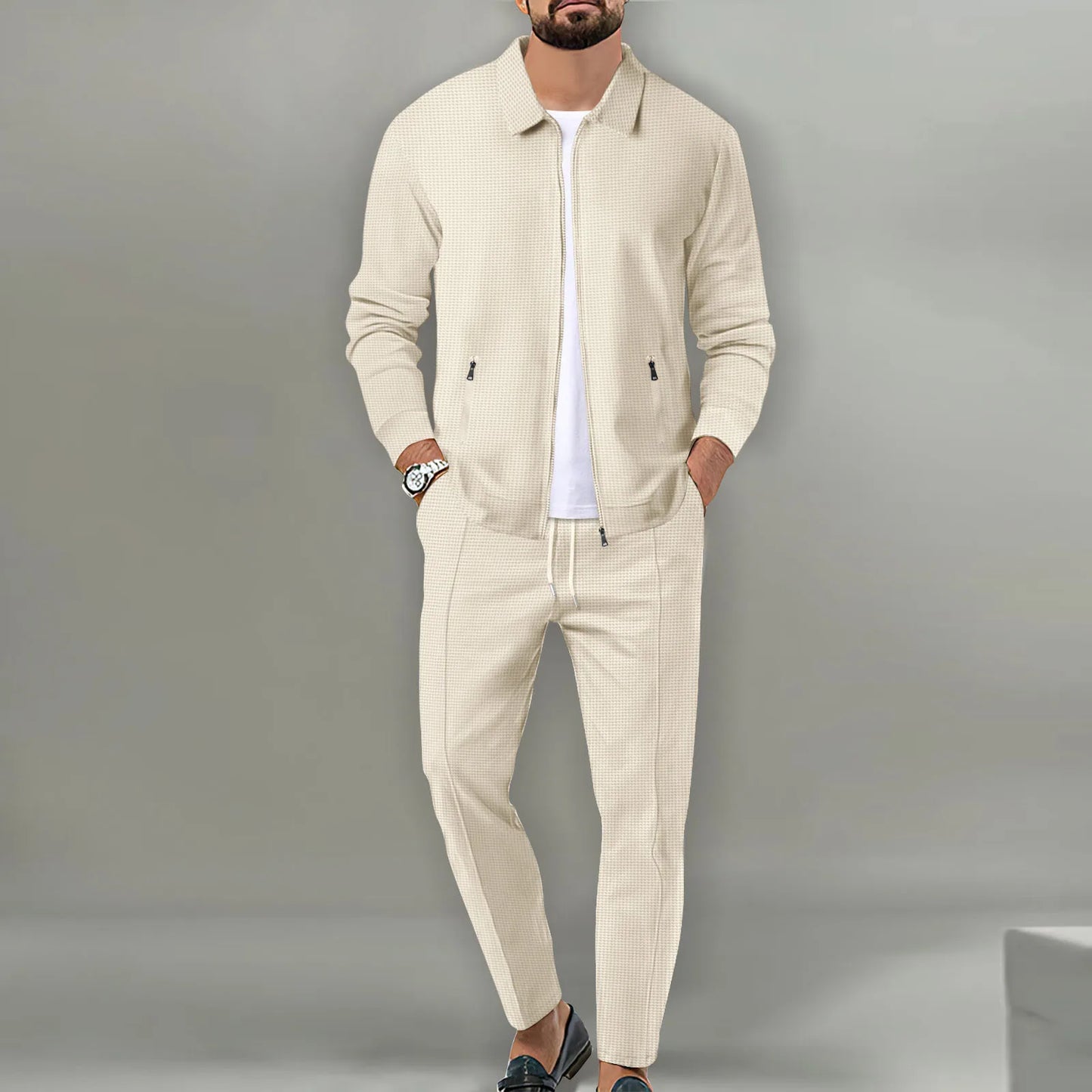 Autumnwinter men's casual blazer set new fashion Waffle baseball suit round neck pocket zipper long sleeve trousers two-piece se