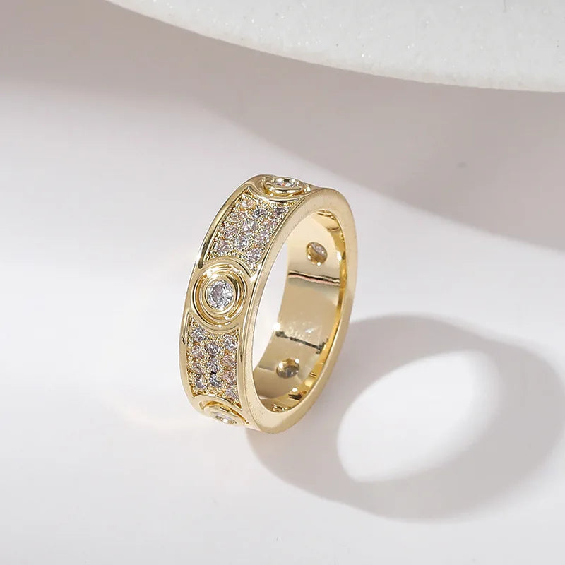 Three Row Zircon Luxury Closed Ring Finger Ring Cross Border Jewelry Gold Plated Copper Elegant Ring for Women Fashionable Ge...