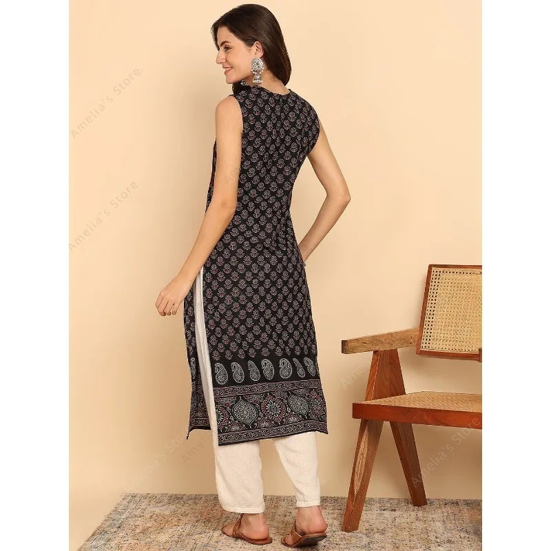 Indian Ethnic Style Women's Black Green Cotton Kurta Tunic Top Sleeveless Paisley Print Summer Wear Casual Kurti Dress