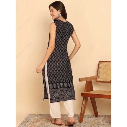 Indian Ethnic Style Women's Black Green Cotton Kurta Tunic Top Sleeveless Paisley Print Summer Wear Casual Kurti Dress