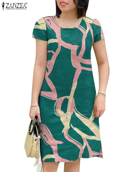 ZANZEA Summer Short Sleeve Dress Women Knee-length O Neck Casual 2024 OL Work Printing Party Vestidos Holiday Elegant Sundress