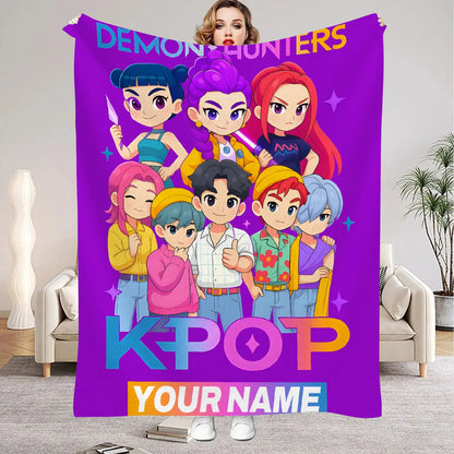 1PC Custom Name K-Pop Demon Hunters Blanket Girls Boys Plush Throw Blanket Novelty Warm Blanket All Season Gift
